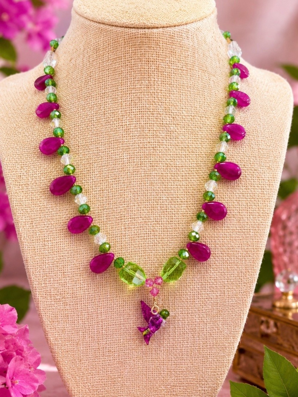 Handmade Ruby and Austrian Crystal Beaded Necklace with Glass Hummingbird